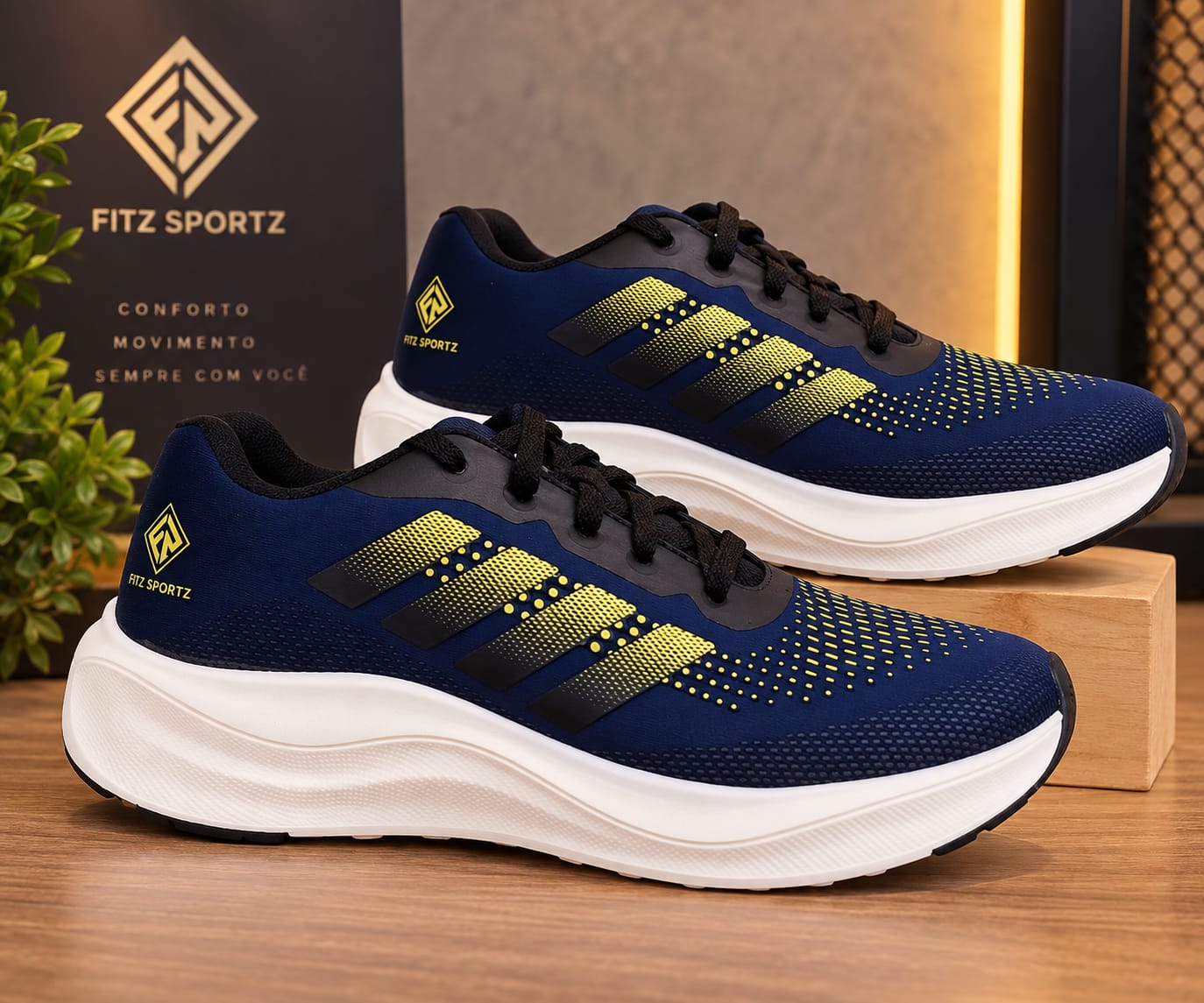 Tênis Esportivo Azul-Marinho com Detalhes Amarelos – Conforto e Visual Moderno